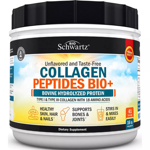 Collagen Peptides Bio+ Powder, Grass Fed Bovine Collagen Supplement, Hydrolyzed Protein Peptides, Unflavored, Bioschwartz, 16Oz